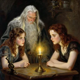 gandalf and emma watson studying magic, highly detailed painting by gaston bussiere, craig mullins, j. c. leyendecker 8 k