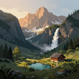 a beautiful fantasy landscape, mountain in background, a waterfall in the mountains, little cottage, small pond, some trees in the corner, sunrise, hyper realism, artgem, art by philipp urlich, flat colors