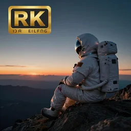 lone astronaut sat on top of a mountain looking at the horizon of a unknown planet,extremely close shot from the back of the astronaut, helmet reflection, sunset, cinematic, epic, dark scenario, 8k, award winning,
