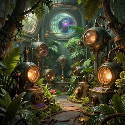 Inside a steampunk machine room with lush vegetation growing around the machines, tropical trees, large leaves, flowers, space showing thought the windows, beatifully lit, vintage science fiction illustration