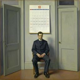 a painting of a man sitting in a chair below a calendar, an open door on each side, art by edward hopper