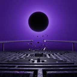 a dark matter of purple sky with a black sun falls to the ground and breaks into fragments, metallic bridge, futurism, schizophrenia, hyperrealistic fall, maze brain closed limbo room