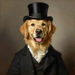 renaissance oil painting of happy golden retriever in suits and top hat by rembrandt