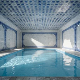 a very large empty pool, liminal space, white and blue ceramic tile ceiling, horizontally symmetrical , octane render, sharp focus