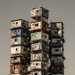 close - up towers made up of suspended makeshift squatter shacks, faded colours, neutral sky, dystopia, mamiya, very detailed, ultra sharp, photographed by ansel adams