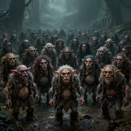 a horde of goblins, dark atmosphere, humorous, grotesque, muted color, detailed, octane render, golden ratio, by brian froud, by jean - baptiste monge