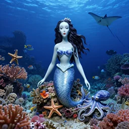 portrait of a porcelain mermaid by tim burton and wes anderson, in the ocean, deep blue colours, lots of detail, coral reef, sea anemones, starfish, fish, octopus, stingray