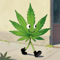 highly detailed portrait of a cartoon Cannabis leaf with a friendly character face, strolls the sidewalk, by August Macke, 4k resolution, nier:automata inspired, bravely default inspired