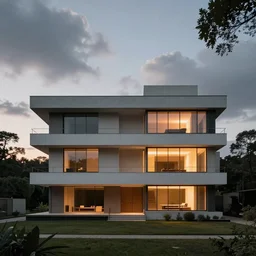 a luxurious house, brutalist architecture, ( le corbusier ), glowing lights, trees, daytime, cloudy sky, sunset, epic lighting, subtle colors, concept art, detailed illustration, centered, hd, 4 k, photorealistic, digital art, greg rutkowski, trending on artstation