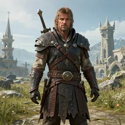 realistic still of mike ehrmantraut visiting whiterun in skyrim, amazing details, 8 k, 8 5 mm, f. 1 4, beautiful composition