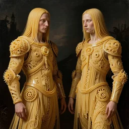 fully featured siamese twins made of spaghetti, intricate armor made of fractals of spaghetti, elegant, dark, by ambrosius benson and beksinski, a touch of giuseppe arcimboldo, realistic, renaissance