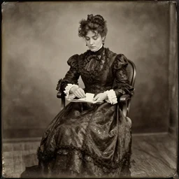 decomposing woman dressed in victorian style clothes sitting in old chair, wet plate photography, amazing background, sepia, photorealistic