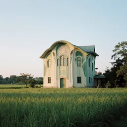 A serene landscape with a singular building in the style of art nouveau