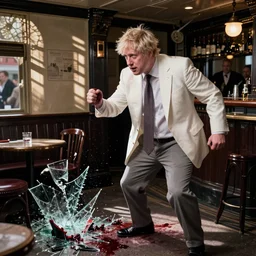 Boris Johnson in pub brawl, white suit, blood, broken furniture, smashed glass