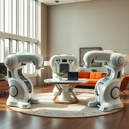 three large white glossy cybernetic symbiosis thick bifurcated robotic cnc surgical hybrid mri 3 d printer machines on the floor around table, tall windows, the table is full parts, they are inside a living room with retro modern furniture and decor, global illumination, artstation, fantasy, volumetric light