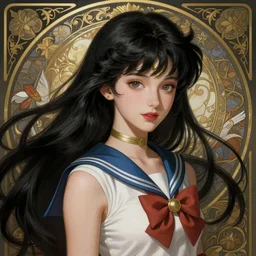 a beautiful princess, long black hair and bangs, sailor mars aesthetic, fantasy, intricate, elegant, highly detailed, digital painting, artstation, concept art, matte, sharp focus, illustration, art by Artgerm and Greg Rutkowski and Alphonse Mucha