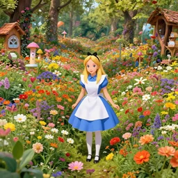 a landscape full of flowers and colors in the style of alice in wonderland, hdr