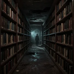 dark scary horror corridor with bookshelves everywhere by Taras Susak, artstation, wallpaper, volumetric light.