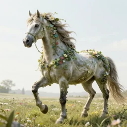 a stunning horse with a mane of vines and flowers running through a meadow by greg rutkowski, high key lighting, volumetric light, digital art, highly detailed, fine detail, intricate, ornate, complex, octane render, unreal engine, photorealistic
