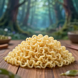 5 5 mm photo of a pile of freshly cooked ramen on a wooden table in a magical forest. dof. bokeh. magical atmosphere. art by greg rutkowski. highly detailed 8 k. intricate. lifelike. soft light. nikon d 8 5 0.