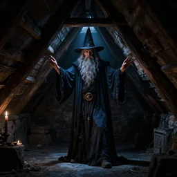 Spanish Wizard in the attic, dark, shadows, night, 8k Photography