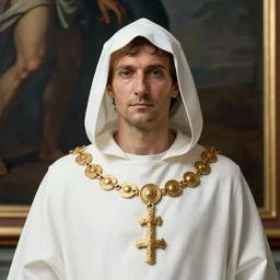 a man wearing a white robe and hood, gold chains, oil painting, by michelangelo, high detail