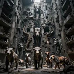 a hybrid of all animals, beksinski, in a dark massive place brutalism, large scale