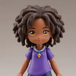 a nendoroid of hazel levesque, a [ dark skinned ] black girl with curly brown hair and amber eyes wearing a purple t shirt, african american, jewelry and magic themed