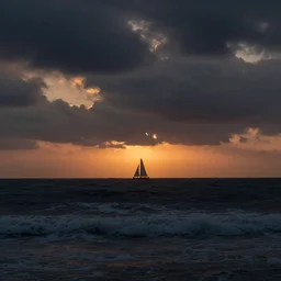 spoonfuls of gloomy and dark clouds in a dark sky, with a warm sunset over the ocean leering towards the horizon where a sailboat is overshadowed by the waves, digital art