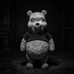black and white photograph of winnie the pooh with glowing eyes standing creepily in the middle of a pitch black room, creepy, dramatic lighting, 1 9 2 0