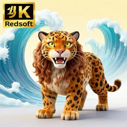 8K UHD Redshift render, Poser, 🐾wave, 🙀facecore, 🐯punk leopard panther, long wavy fur, bright eyes, long fangs, medium full shot, animal photography, anime, cartoon, Korean folk art