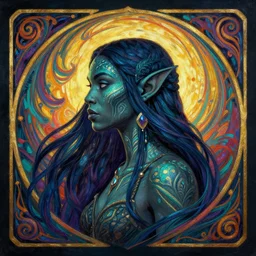 side profile centered painted portrait, female black orc forest druid, teal face tattoos, d & d, gloomhaven, matte painting concept art, art nouveau, beautifully backlit, swirly vibrant color lines, fantastically gaudy, aesthetic octane render, 8 k hd resolution, by ilya kuvshinov and cushart krentz and gilleard james