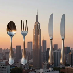 A city skyline made out of spoons, forks, and knives, at sunset, beautiful lighting, detailed, realistic