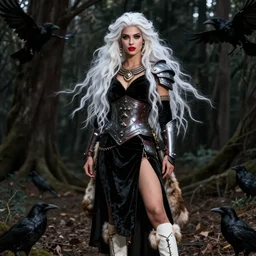 portrait of a warrior girl, amazon, australian, refined features, red lips, long snow - white hair, standing in a dark forest, crows, black closed velvet dress, leather armor, iron armor, white boots, fur, clothes alexander mcqueen very beautiful style, photorealism, bouguereau, edgard maxence