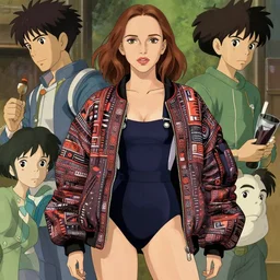 a beautiful! boyish! natalie portman alluring gravure! model, wearing oversized mayan bomber jacket and leotard with overalls, bulky poofy bomber jacket with mayan patterns, gapmoe yandere grimdark, trending on pixiv fanbox, painted by greg rutkowski makoto shinkai takashi takeuchi studio ghibli, akihiko yoshida
