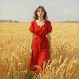a painting of a woman standing in the middle of a field of wheat wearing a red dress, detailed concept art, deviantart, trending on artstation