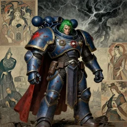 composition of gothic and futuristic, warhammer, cyber armor, more and more scars, storm, green hair, blue and red, the middle ages, highly detailed, artstation, in the style of moebius, jugendstil and classic japanese print, art by jean delville and rene magritte