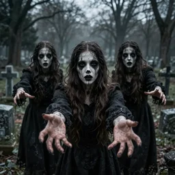 macabre figures reaching out to the camera [ in a graveyard ]!!, [ 4 k photorealism ]!!, trending on unsplash, grim lighting, gloomy atmosphere, cgsociety inspired, pinterest contest winner