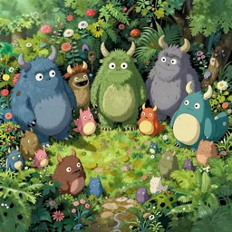 garden of cute monsters and creatures, aerial view, natural lighting, playful color scheme, intricate details, matte painting, illustration, by hayao miyazaki