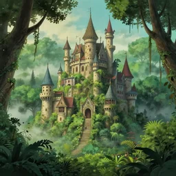 a castle hidden in the jungle, overgrown with trees, misty, whimsical, ghibli art style, highly detailed, 4 k
