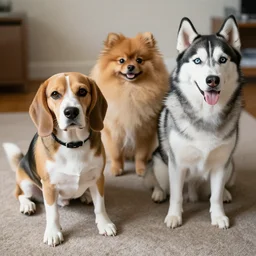 Photograph of a Beagle, Pomeranian and Husky sitting on the carpet