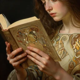 a girl reading a book, fibonacci, detailed hands, detailed fingers, insane, intricate, highly detailed, digital painting, artstation, concept art, smooth, sharp focus, illustration, unreal engine 5, 8 k, art by artgerm and greg rutkowski and alphonse mucha