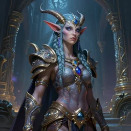 painted portrait of female draenei shaman, world of warcraft, standing inside of the ancient magic temple hall, upper body, fantasy intricate elegant extremely detailed digital painting trending artstation concept art sharp focus illustration art by gustave courbet greg rutkowski craig mullins