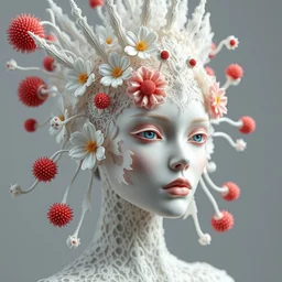 complex 3 d render hyper detailed ultra sharp beautiful sophisticated female futuristic biomechanical with carved porcelain ivory fair face, iris van herpen daisies corals cyberpunk filigree lace haute couture headdress with rhizomorph finials spires, brackets, fractal red puffballs, octane render, 8 k