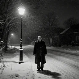 a thin bald grandfather without eyes stands on a snowy road near a luminous lamppost, winter, blizzard, deep black night around, cold, scary, terrible, creepy, old photo 1 9 0 0 s fog, very dark, oil on canvas, naturalism
