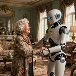 VFX movie of happy old woman helping a futuristic humanoid assistant robot in a decadent living room by Emmanuel Lubezki