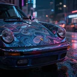 close up macro shot of a porsche 9 1 1 car on wet city street at night, intricate, hyper detailed, smooth, high contrast, neon, volumetric lighting, octane, moebius, greg rutkowski, blade runner, ripley scott, cindmatic