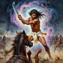 portrait of head and body, single bangla farmer fighting on hoseback, hand to hand combat with machete, wielding machete, lungi, full body view, long flowing hair, fighting for his life, nebula aura surrounding subject, horseback combat attacker foreground, background of invading army, nestor canavarro hyperrealist art style, sharp outlines