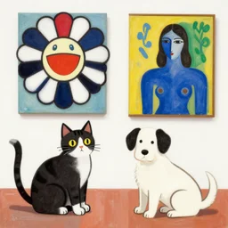cat and dog, art by takashi murakami and henri matisse must be used for good results