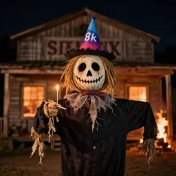 portrait photo still of a spooky scarecrow holding a match, wearing a birthday hat, in front of an old saloon on fire at night, 8 k, 8 5 mm f 1. 8